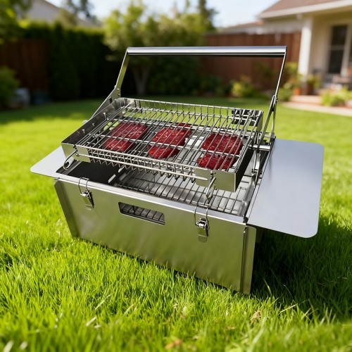 Portable outdoor camping stainless steel with wings 360 ° flip square barbecue grill