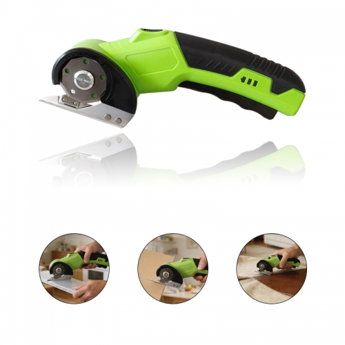 Cordless electric scissors or box cutters, used for cutting materials such as cardboard, fabric, leather, and plastic.  