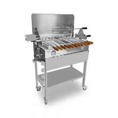 Outdoor barbecue with wind deflector stainless steel Cyprus-style rotisserie barbecue grill.